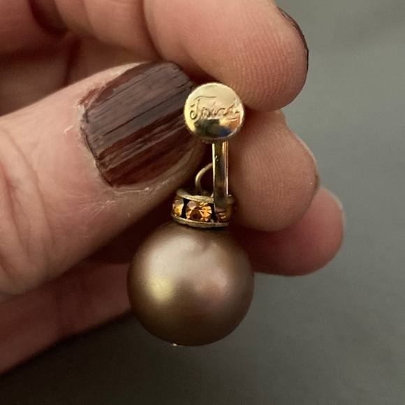 Vintage Triad earrings screw back brown faux brown pearls topaz coloured stones - Picture 3 of 4